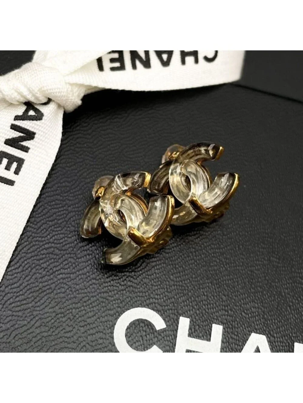 Chanel CC Logo Earrings Clear Gold Icon Coco
